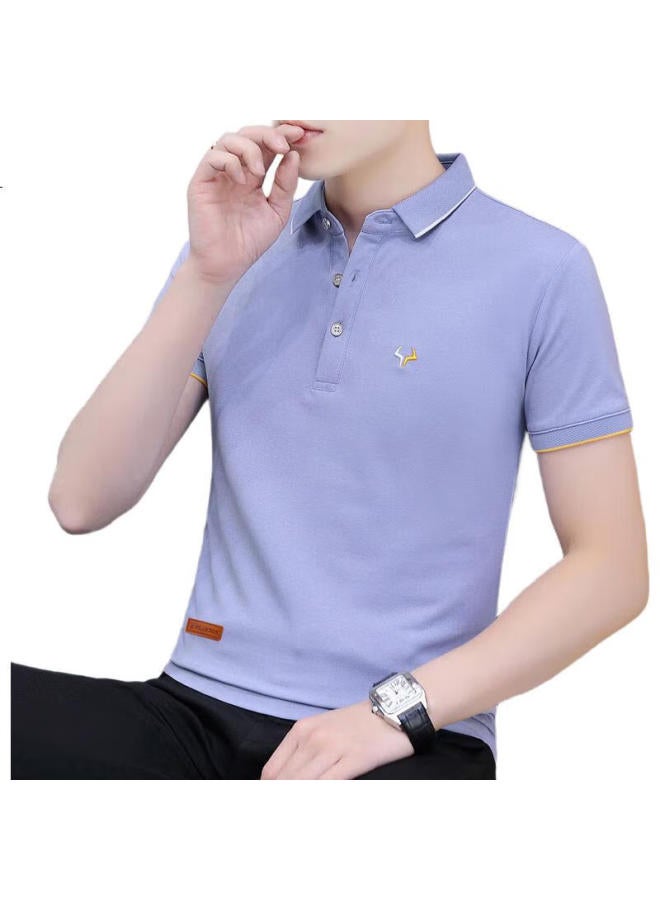 PLAYBOY Men'S Short Sleeve T-Shirt Summer Polo Undershirt Men'S Business Casual Turn-Down Collar Trendy Half Sleeve Men'S Clothing Light Blue Xl - Image 3