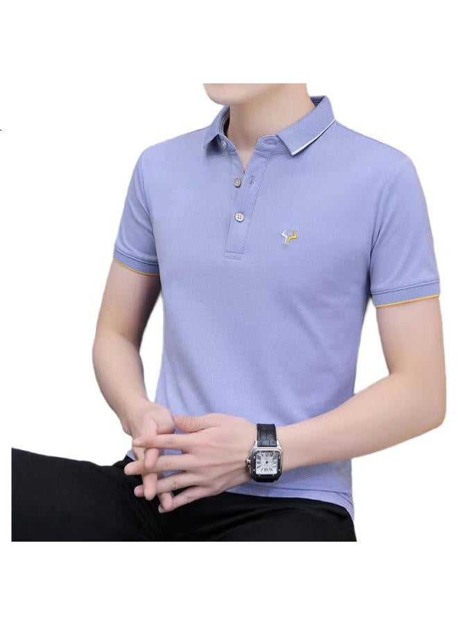 PLAYBOY Men'S Short Sleeve T-Shirt Summer Polo Undershirt Men'S Business Casual Turn-Down Collar Trendy Half Sleeve Men'S Clothing Light Blue Xl - Image 2
