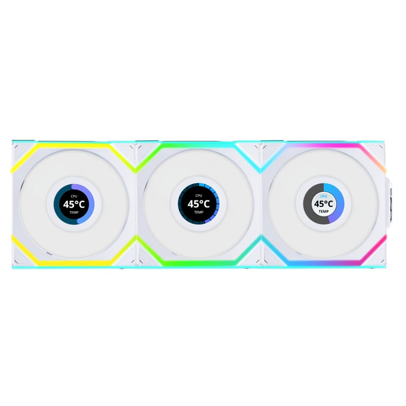 مروحة Lian Li UNI Fan SL LCD اللاسلكية 120 مم ARGB حزمة ثلاثية 16 LCD 24 GHz إشارة لاسلكية للتحكم في مروحة RGB تصميم سلسلة متصلة وحدة تحكم مضمنة ومطلوبة بيضاء 12SLLCD1W3W