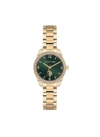 U.S. Polo Assn. Novelties Green Dial Gold Stainless Steel Bracelet Analog Watch for Women 28mm