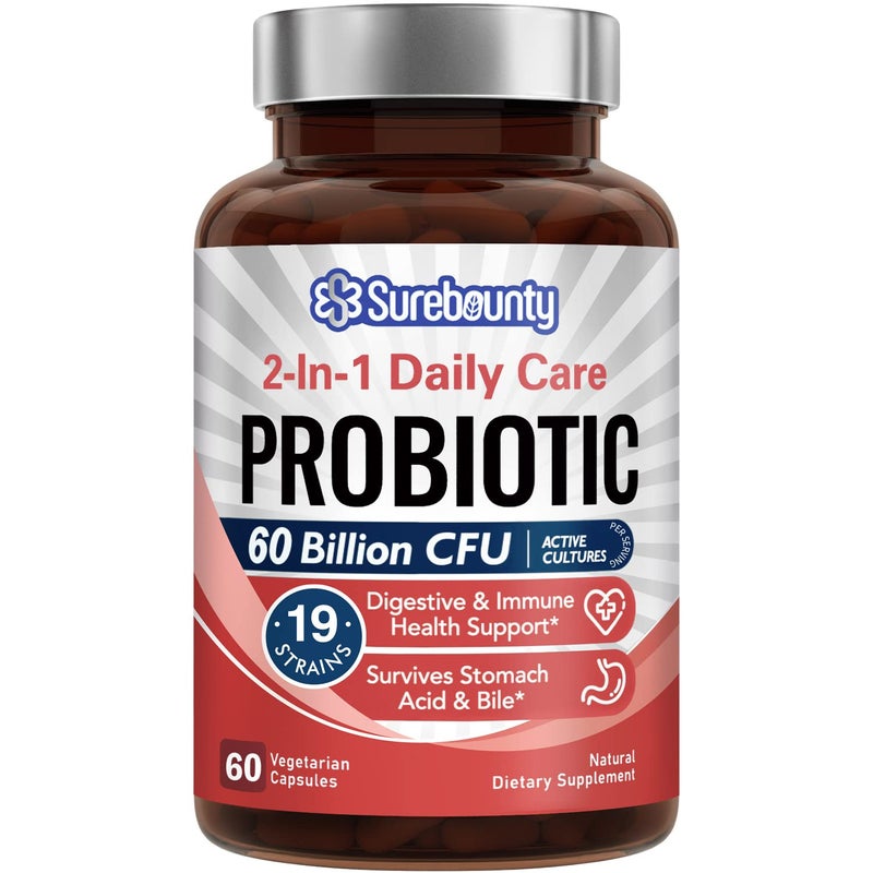 Surebounty Probiotics 60 Billion CFU 19 Strains for Men Women with 100mg Prebiotic Shelf Stable 2in1 Daily Care Probiotic NonGMO Digestive Immune Health 60 Veggie Capsules