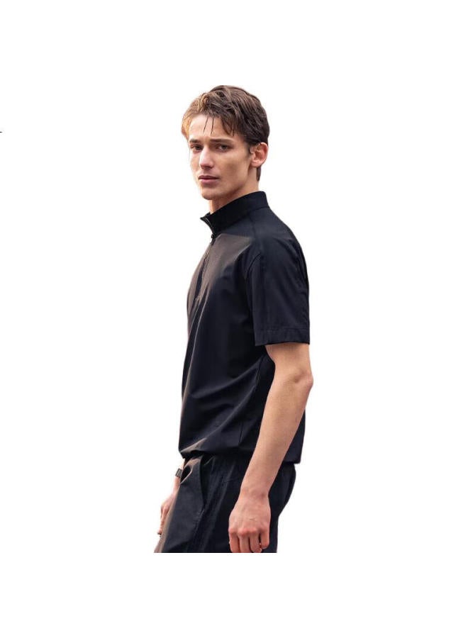 Mr. Bu Men'S Zipper Stand Collar Men'S T-Shirt With Drawstring Design Short Sleeve Piano Black L (175) - Image 1