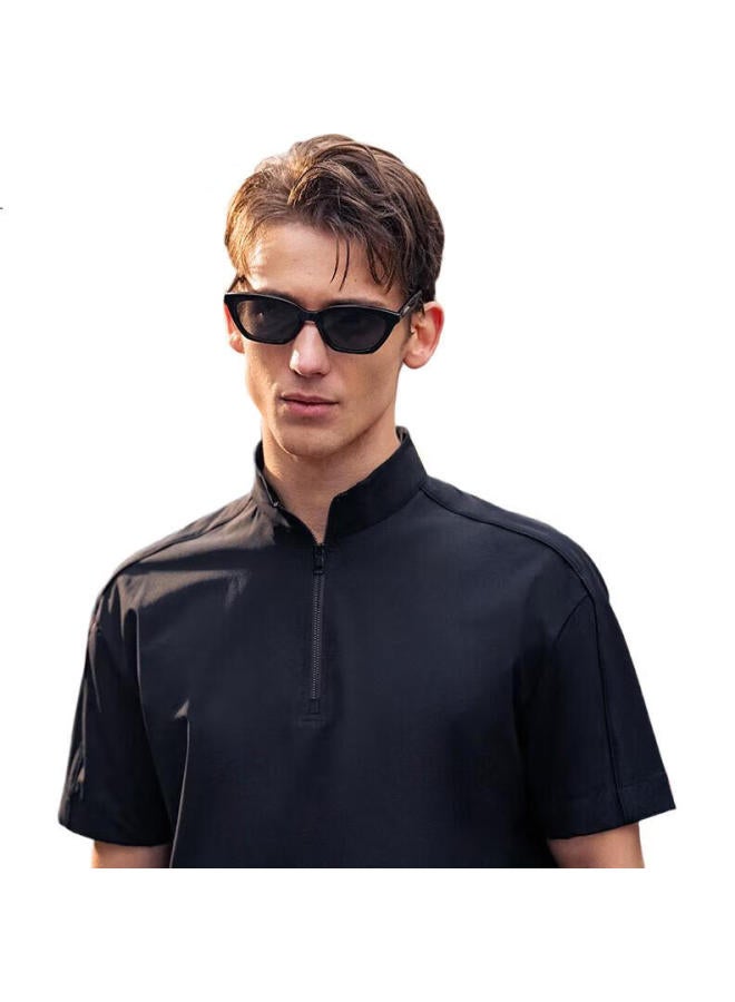 Mr. Bu Men'S Zipper Stand Collar Men'S T-Shirt With Drawstring Design Short Sleeve Piano Black L (175) - Image 2