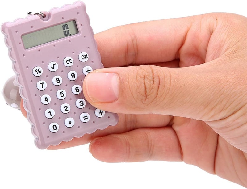 Portable Cute Cookies Key Chain Calculator, Candy Color Pocket Standard Function Calculator 8 Digit Display Keychain Basic Calculation for Travel (Grey Purple) - Image 3