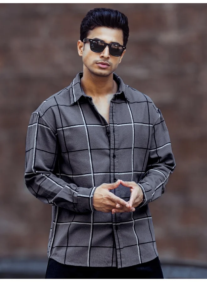 مانياك Maniac Mens Embroider Checks Full Sleeve Grey Cotton Shirt
