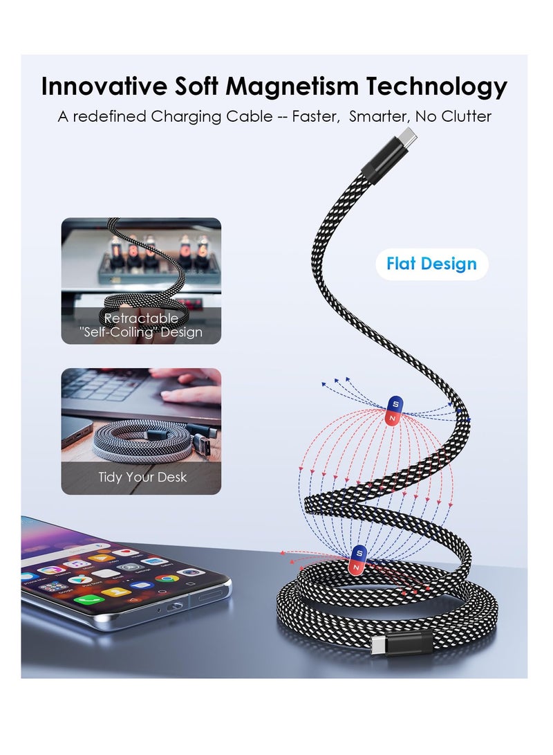 SYOSI USB C Cable, Magnetic USB C to USB C Cable 60W(3A), Flat Coiled USB C Charger Cable 3.3ft, Nylon Braided Type C Fast Charging Cord Compatible for USB C Device for Pad for Samsung Galaxy, Black - Image 3