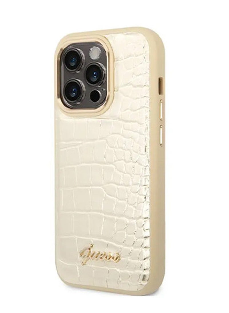 GUESS iPhone 16 Pro Max PU Croco Hard Case with Script Logo / Slim Profile/ Easy Snap-On/ Comfortable Grip - Gold - Image 2