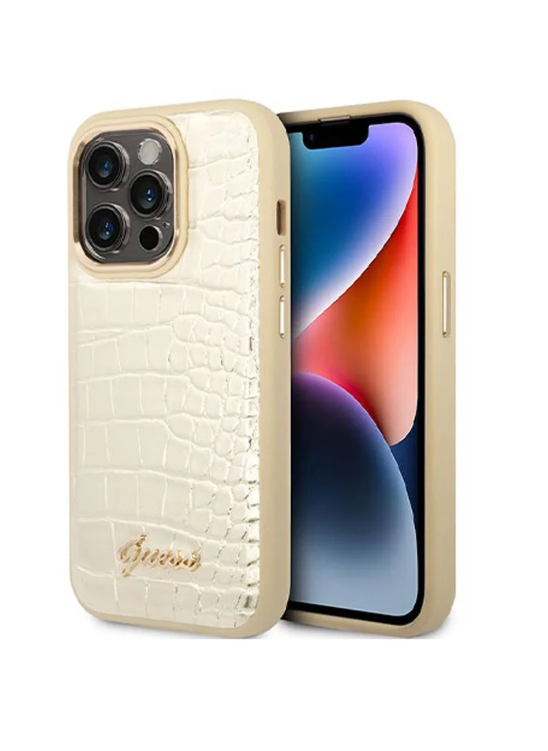 GUESS iPhone 16 Pro Max PU Croco Hard Case with Script Logo / Slim Profile/ Easy Snap-On/ Comfortable Grip - Gold