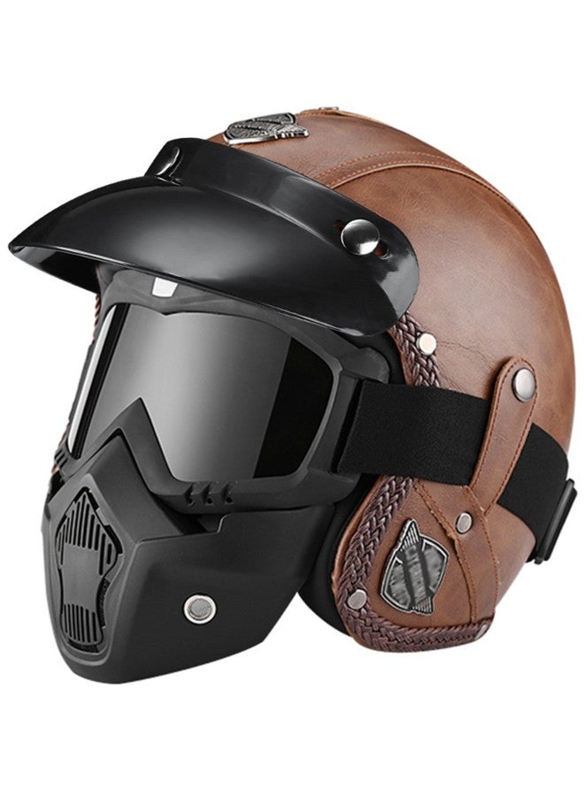 Dark Brown Tan Mask Fashion Handmade Personalized Retro Helmet Men's And Women's Tram Four Seasons Helmet Gray Cool 3/4 Leather Helmet