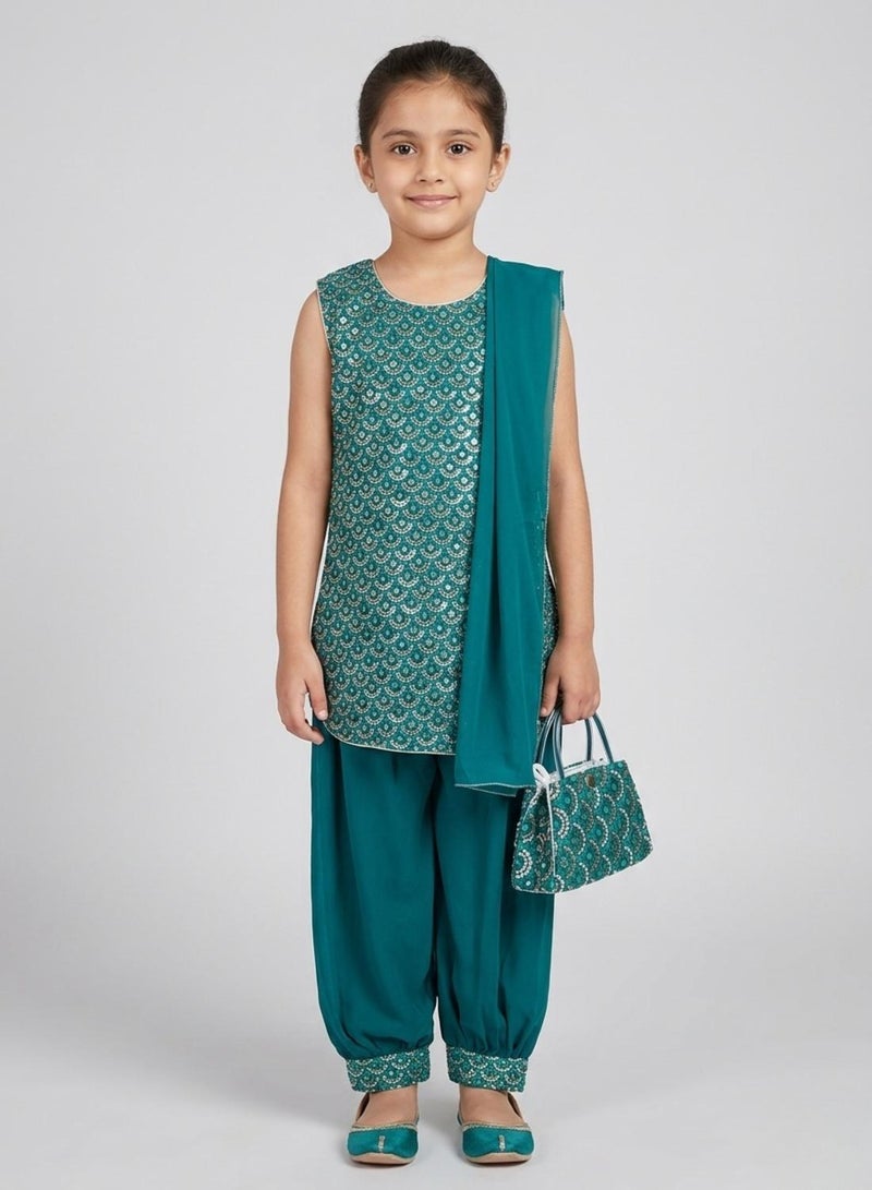 babyqlo Girls Teal Embroidered Ethnic Kurta Set - Image 1