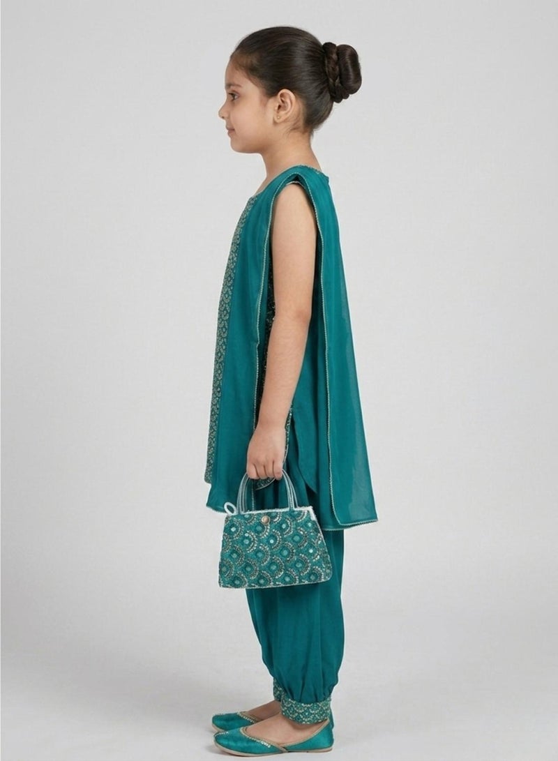 babyqlo Girls Teal Embroidered Ethnic Kurta Set - Image 3