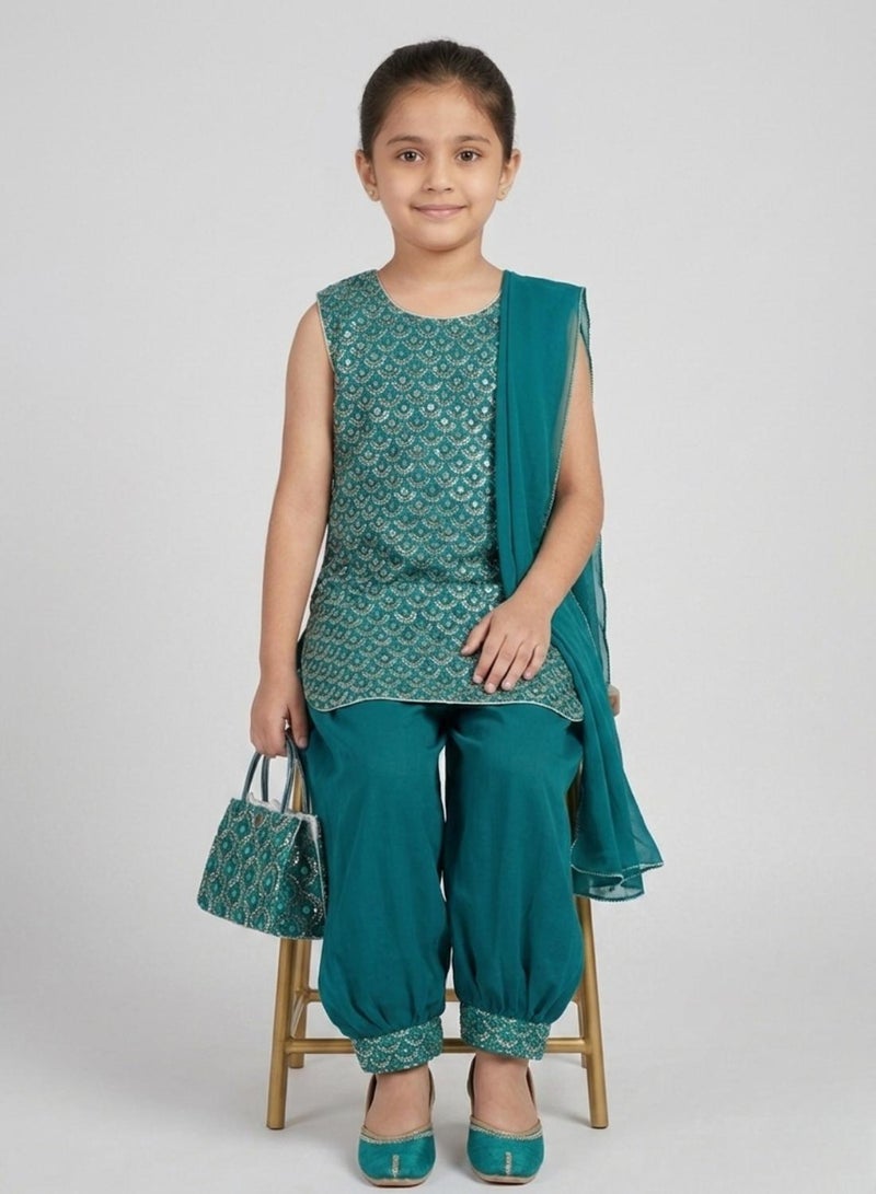 babyqlo Girls Teal Embroidered Ethnic Kurta Set - Image 4