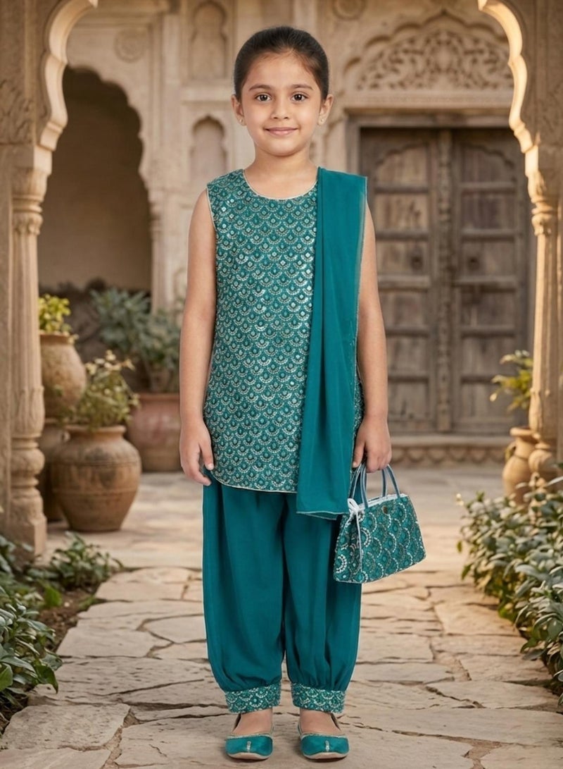 babyqlo Girls Teal Embroidered Ethnic Kurta Set - Image 5