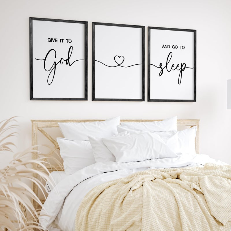 Heiple Give It to God and Go to Sleep Sign Set of 3 Above Bed Wall Decor Farmhouse Bedroom Decor Wood Framed Wall Art Rustic Master Bedroom Essentials Home Wall Decoration Black 11x14