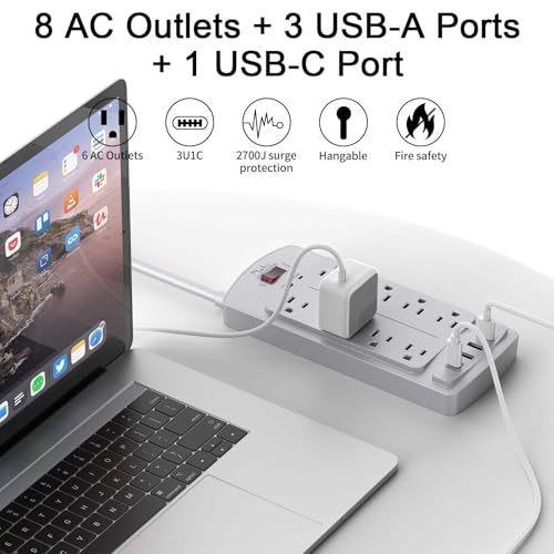 Nuetsa Surge Protector Power Strip - Nuetsa Flat Plug Extension Cord with 8 Outlets and 4 USB Ports, 6 Feet Power Cord (1625W/13A), 2700 Joules, ETL Listed, Grey - Image 2