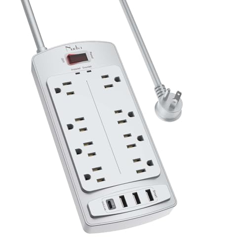 Nuetsa Surge Protector Power Strip - Nuetsa Flat Plug Extension Cord with 8 Outlets and 4 USB Ports, 6 Feet Power Cord (1625W/13A), 2700 Joules, ETL Listed, Grey - Image 1