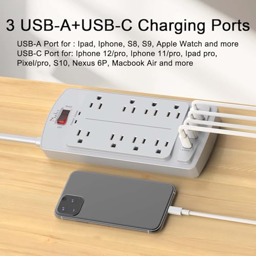 Nuetsa Surge Protector Power Strip - Nuetsa Flat Plug Extension Cord with 8 Outlets and 4 USB Ports, 6 Feet Power Cord (1625W/13A), 2700 Joules, ETL Listed, Grey - Image 3