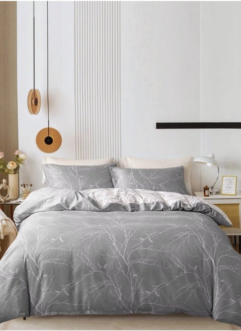 King size 6 piece without filler bedding set  Grey and white sakura reversible design duvet cover.