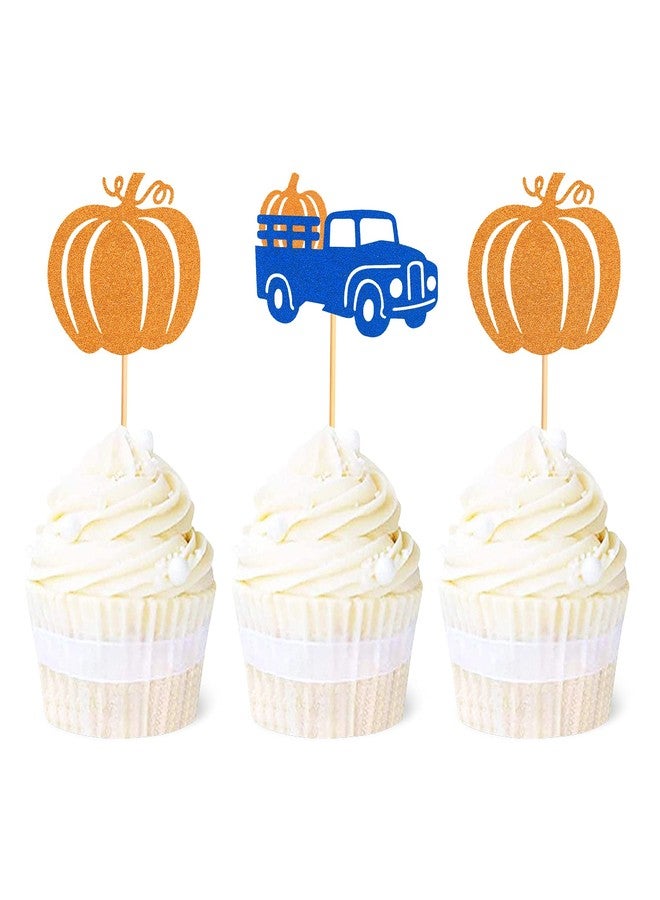 Ercadio 24 Pack Pumpkin Truck Cupcake Toppers Glitter Fall Harvest Pumpkin Cupcake Picks Decorations for Pumpkin Fall Theme Thanksgiving Party Cake Decorations Supplies - Image 1