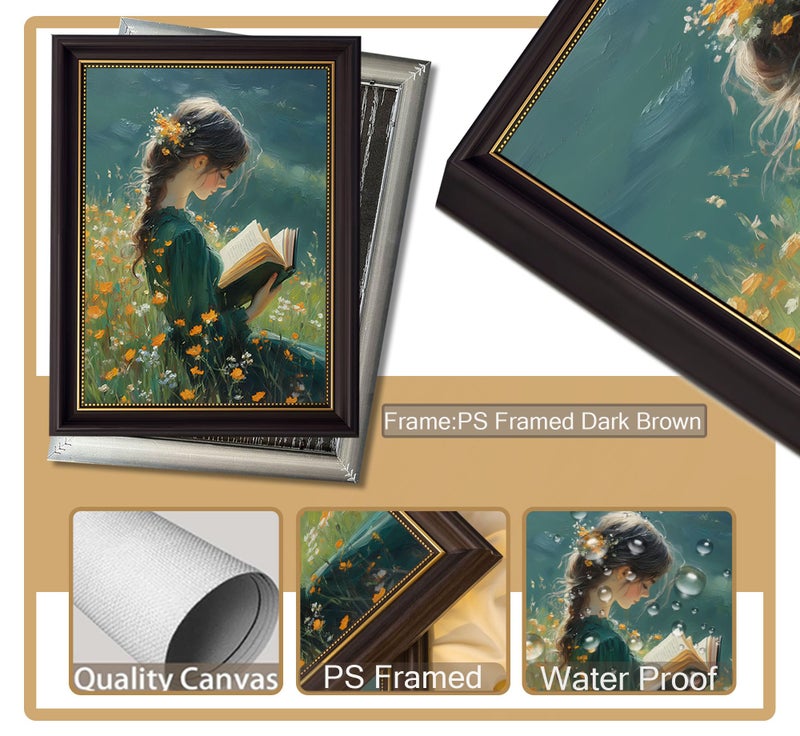 MHYIDUT Vintage Dark Brown Framed Girl Books Canvas Wall Art Inspirational Kids Educational Wall Decor Picture Girl Reading On The Grass Poster Print for Children'S Room Living Room Bedroom Home Decoration - Image 4