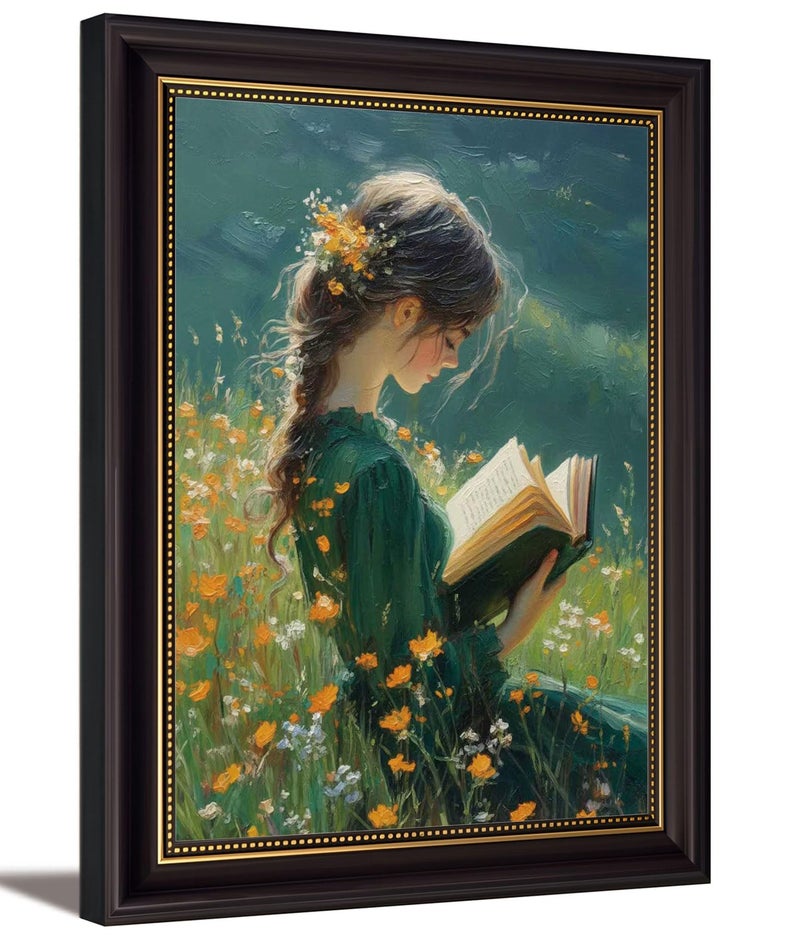 MHYIDUT Vintage Dark Brown Framed Girl Books Canvas Wall Art Inspirational Kids Educational Wall Decor Picture Girl Reading On The Grass Poster Print for Children'S Room Living Room Bedroom Home Decoration - Image 1