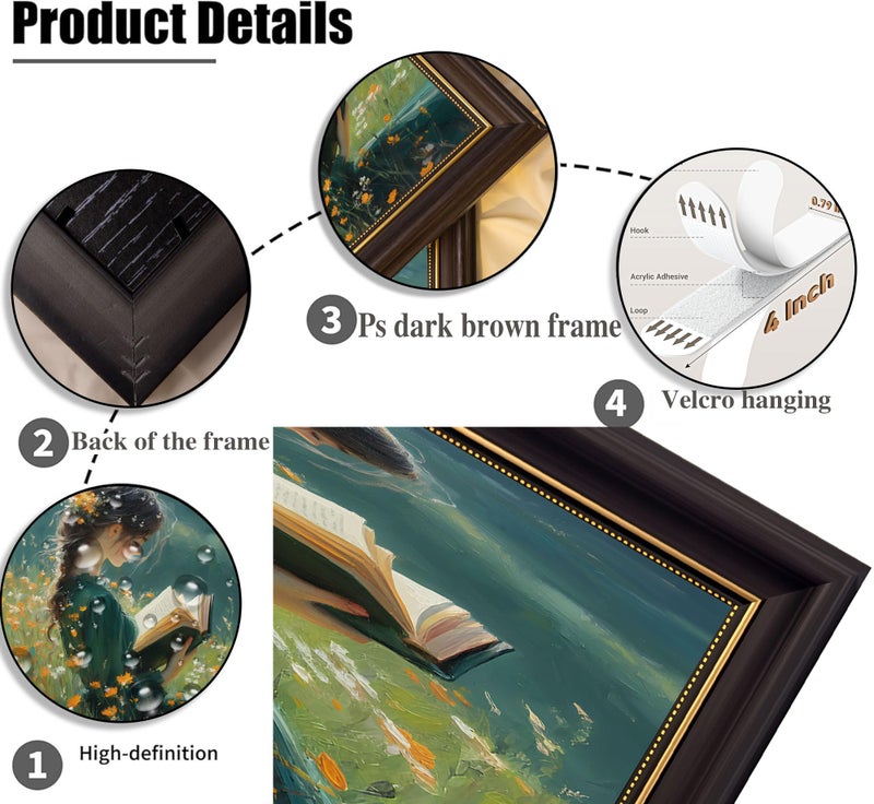 MHYIDUT Vintage Dark Brown Framed Girl Books Canvas Wall Art Inspirational Kids Educational Wall Decor Picture Girl Reading On The Grass Poster Print for Children'S Room Living Room Bedroom Home Decoration - Image 3