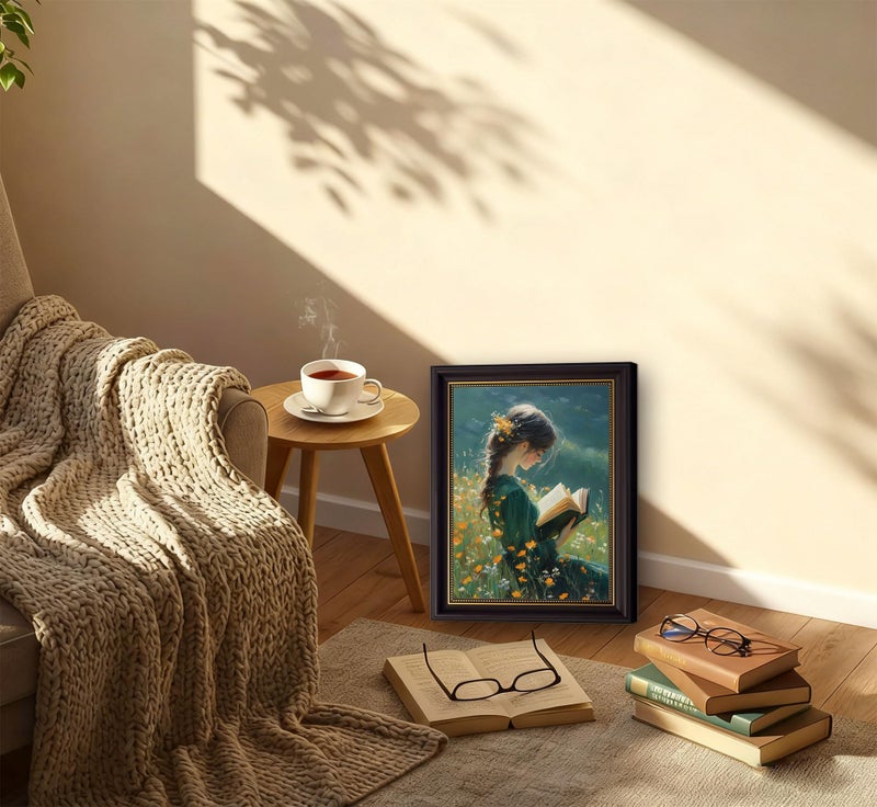 MHYIDUT Vintage Dark Brown Framed Girl Books Canvas Wall Art Inspirational Kids Educational Wall Decor Picture Girl Reading On The Grass Poster Print for Children'S Room Living Room Bedroom Home Decoration - Image 5