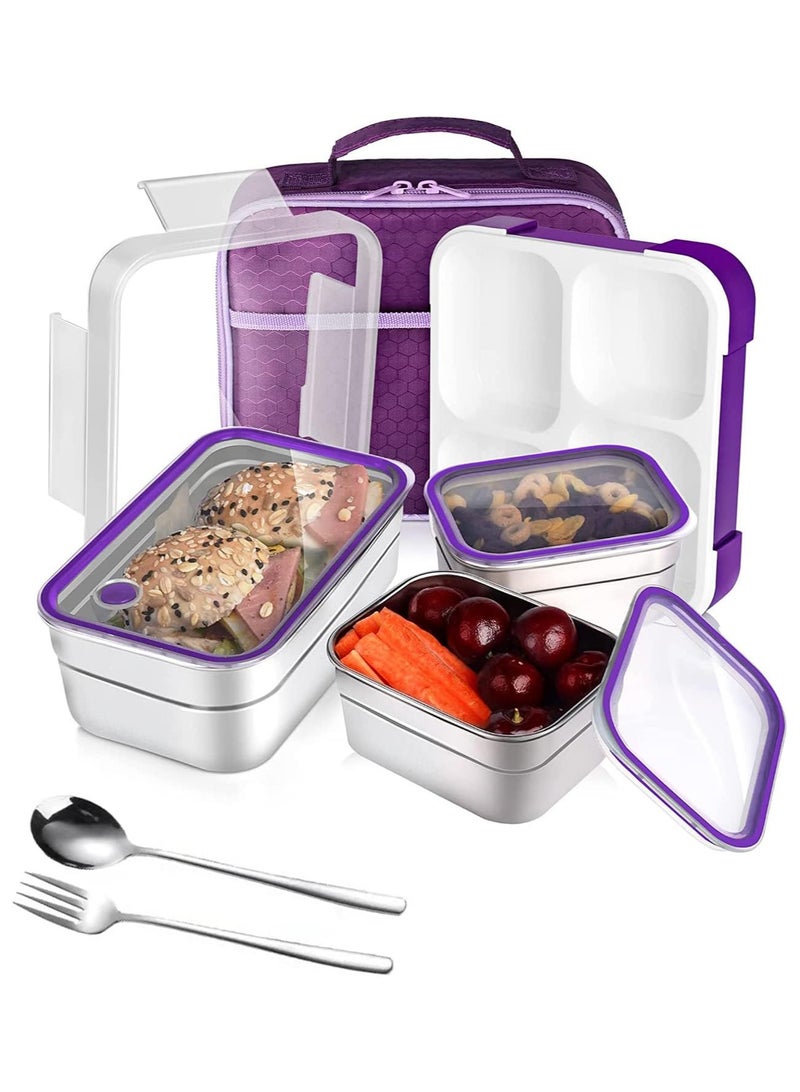 TOMSHOO Stainless Steel Lunch Box for Kids Adults,Insulated Bento Lunch Box with Tableware & Bag,1260ML 3 Compartment Divided Lunch Containers with Lids,Leakproof | BPA Free | Dishwasher Safe（Purple） - Image 1