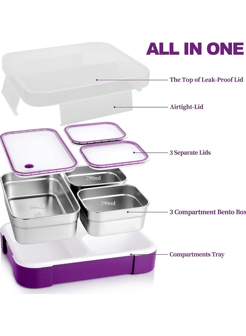 TOMSHOO Stainless Steel Lunch Box for Kids Adults,Insulated Bento Lunch Box with Tableware & Bag,1260ML 3 Compartment Divided Lunch Containers with Lids,Leakproof | BPA Free | Dishwasher Safe（Purple） - Image 2