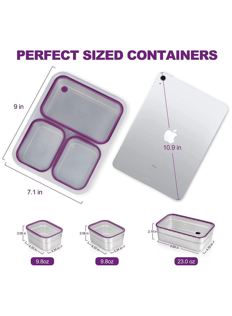 TOMSHOO Stainless Steel Lunch Box for Kids Adults,Insulated Bento Lunch Box with Tableware & Bag,1260ML 3 Compartment Divided Lunch Containers with Lids,Leakproof | BPA Free | Dishwasher Safe（Purple） - Image 3