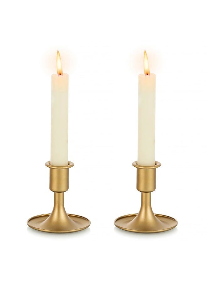 Hewory Gold Taper Candle Holder Set of 2, Short Skinny Brass Candlestick Holders, Vintage Small Low Metal Candles Sticks for Wedding Centerpieces Christmas Birthday Party Holiday Dinning Table Decor - Image 1