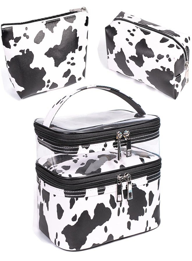 FITINI 3 Pieces Makeup Bags Double Layer Travel Large White Cows Cosmetic Cases Organizer Toiletry Bags Waterproof Small Zipper Pouch for Women Makeup Brush Storage Bag - Image 1