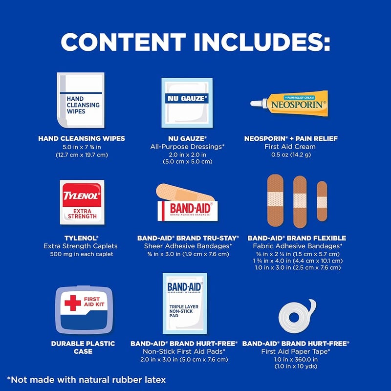 مجموعة إسعاف أولية محمولة من باند-إيد (Band-Aid) من شركة جونسون آند جونسون (Johnson & Johnson)، مثالية للسفر والاستخدام اليومي، تحتوي على مجموعة متنوعة من الضمادات اللاصقة ومناديل القطن، وتكفي لـ 80 حالة إصابة بسيطة. - Image 3