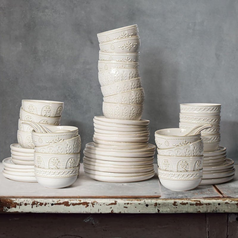 Artena طقم أطباق وأوعية أرتينا 16 قطعة طقم أدوات مائدة لعشاء 4 أشخاص طقم أطباق وأوعية خزفية مطبوعة بالأبيض آمنة في غسالة الصحون والميكروويف ورقة القمح - Image 2