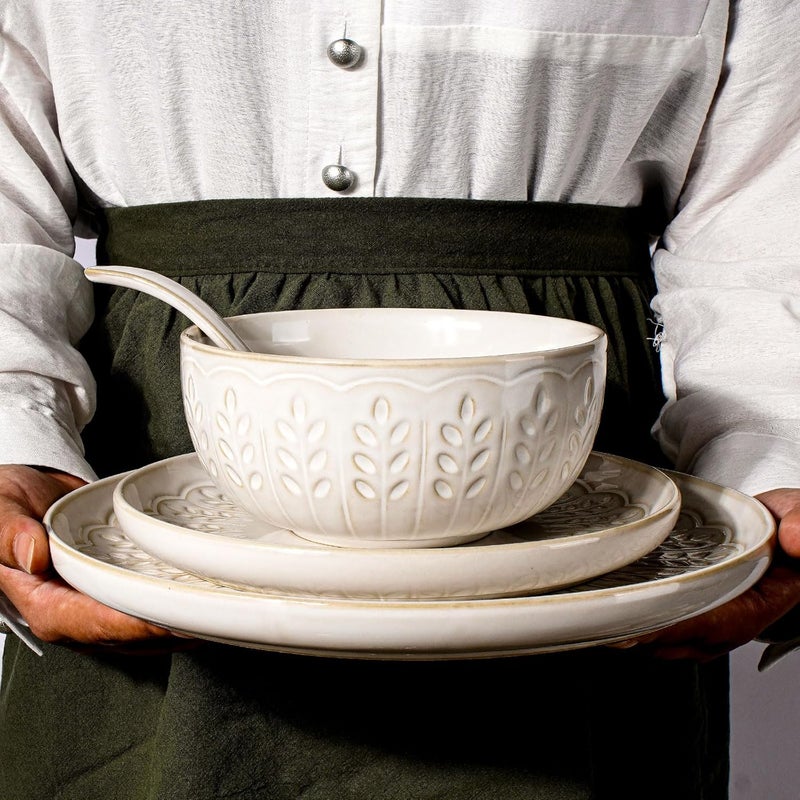 Artena طقم أطباق وأوعية أرتينا 16 قطعة طقم أدوات مائدة لعشاء 4 أشخاص طقم أطباق وأوعية خزفية مطبوعة بالأبيض آمنة في غسالة الصحون والميكروويف ورقة القمح - Image 4