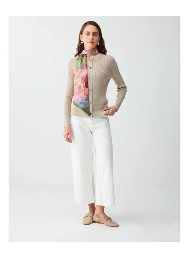 Jimmy Key Beige Mélange Round-Neck Long Sleeve Sequin Knit Cardigan.