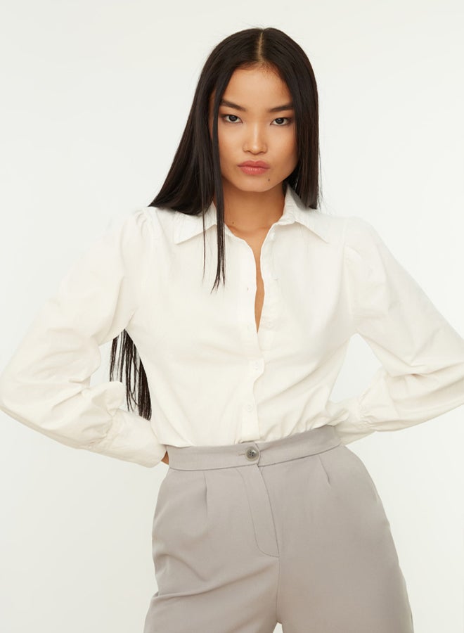 trendyol White Balloon Sleeve Cotton Regular Normal Fit Woven Shirt - Image 2