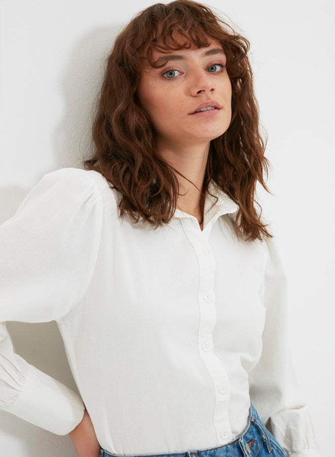 trendyol White Balloon Sleeve Cotton Regular Normal Fit Woven Shirt - Image 5