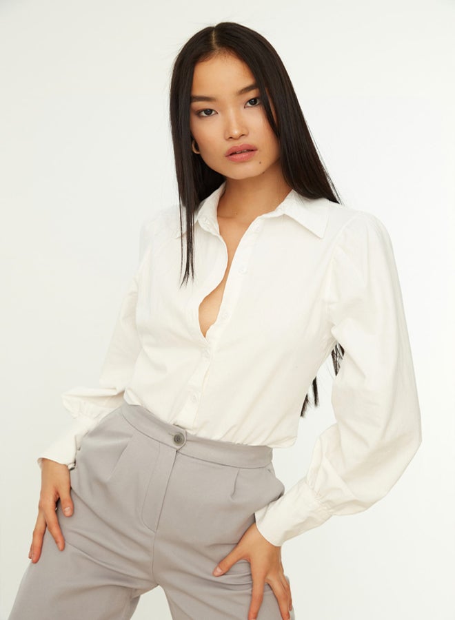 trendyol White Balloon Sleeve Cotton Regular Normal Fit Woven Shirt - Image 3