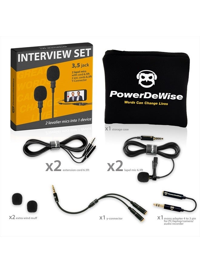 PowerDeWise مجموعة ميكروفونات لافاليير احترافية من الدرجة 2 للتثبيت على الملابس للمقابلات المزدوجة - ميكروفون لاف مزدوج - للاستخدام مع كاميرا هاتف آيفون - تسجيل فيديو للمدونات مع إلغاء الضوضاء ميكروفون 3.5 مم - Image 3
