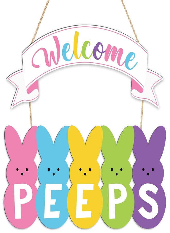 Fairooth Easter Wooden Door Wreath for Front Door Sign Welcome Peeps Wood Hanging Sign Decorations Cute Bunny Rabbit Welcome Doors Hanger for Spring Easter Home Farmhouse Party Indoor Outdoor Porch Wall Decor - Image 1