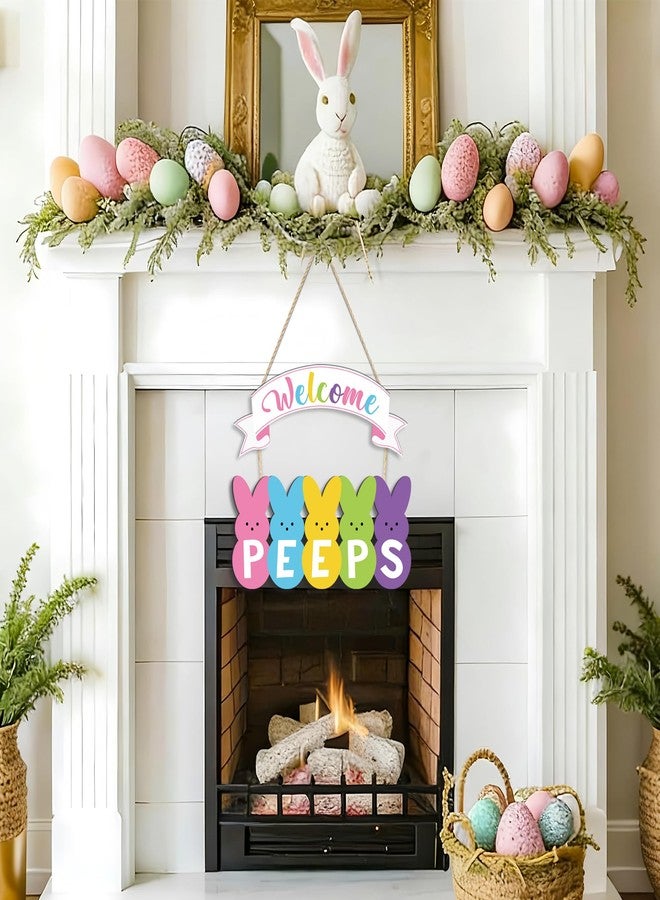 Fairooth Easter Wooden Door Wreath for Front Door Sign Welcome Peeps Wood Hanging Sign Decorations Cute Bunny Rabbit Welcome Doors Hanger for Spring Easter Home Farmhouse Party Indoor Outdoor Porch Wall Decor - Image 4