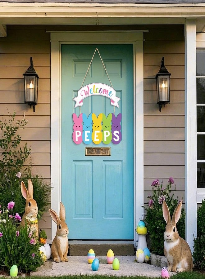 Fairooth Easter Wooden Door Wreath for Front Door Sign Welcome Peeps Wood Hanging Sign Decorations Cute Bunny Rabbit Welcome Doors Hanger for Spring Easter Home Farmhouse Party Indoor Outdoor Porch Wall Decor - Image 3
