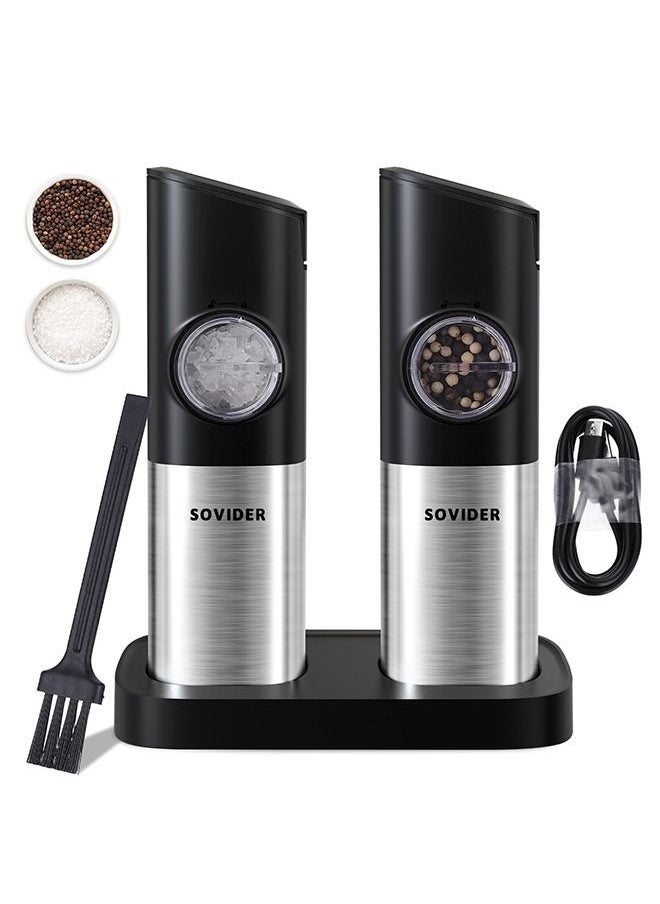 INKBIRD INKBIRD Gravity Salt and Pepper Mill Electric Set of 2 Rechargeable Pepper Mill Electric with Double Charging Station White LED Light Adjustable Thickness Free Battery  - Image 1
