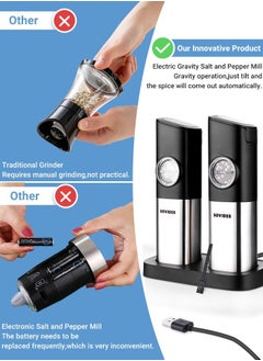 INKBIRD INKBIRD Gravity Salt and Pepper Mill Electric Set of 2 Rechargeable Pepper Mill Electric with Double Charging Station White LED Light Adjustable Thickness Free Battery  - Image 2