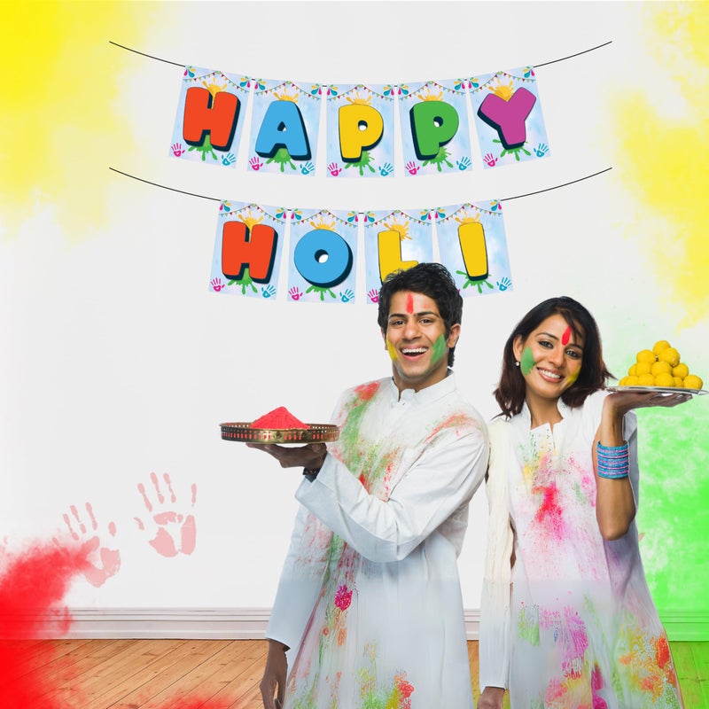 1iAM Happy Holi Decoration Items | 1pc 13.6X10.3cm "HAPPY HOLI" 300gsm Printed Paper Banner for Celebration of 14th March in Home, Office, Club, School, Collage, Restaurants, Apartment Decoration - Image 3