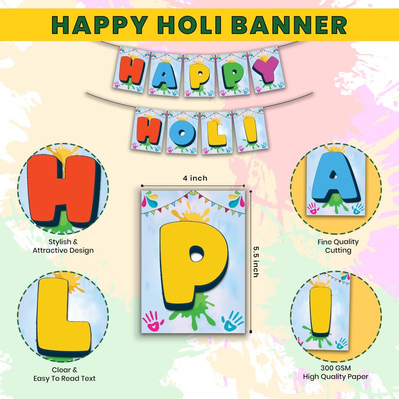 1iAM Happy Holi Decoration Items | 1pc 13.6X10.3cm "HAPPY HOLI" 300gsm Printed Paper Banner for Celebration of 14th March in Home, Office, Club, School, Collage, Restaurants, Apartment Decoration - Image 5