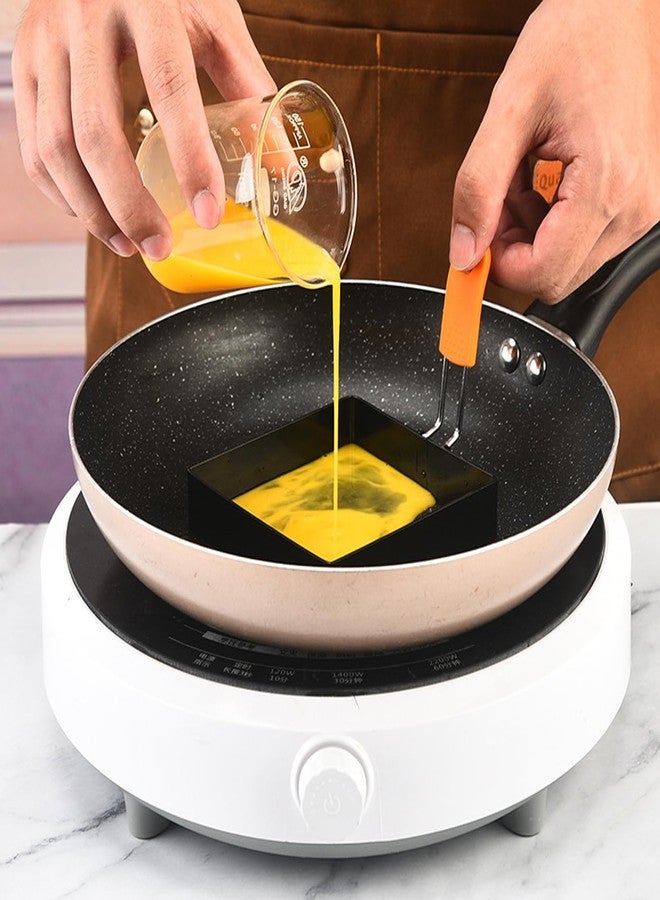 WOWITIS مجموعة كبيرة من 4 قطع من حلقات البيض المربعة مقاس 4 بوصات لقلي البيض على الصاج، قالب بيض مربع غير لاصق من الفولاذ المقاوم للصدأ مقاس 4 بوصات، قالب عجة مربع لصنع الفطائر مع مقبض معزول من السيليكون وفرشاة زيت وفاصل بيض - Image 4