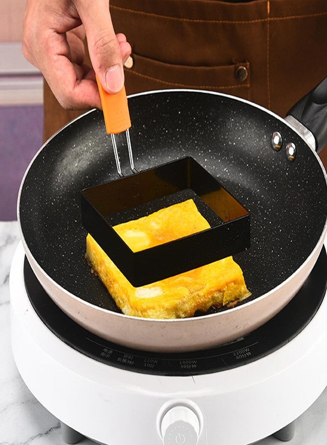 WOWITIS مجموعة كبيرة من 4 قطع من حلقات البيض المربعة مقاس 4 بوصات لقلي البيض على الصاج، قالب بيض مربع غير لاصق من الفولاذ المقاوم للصدأ مقاس 4 بوصات، قالب عجة مربع لصنع الفطائر مع مقبض معزول من السيليكون وفرشاة زيت وفاصل بيض - Image 5