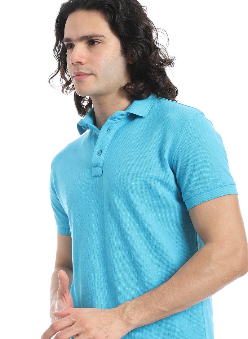 Andora Turn Down Collar Pique Turquoise Polo Shirt_Turquoise - Image 4